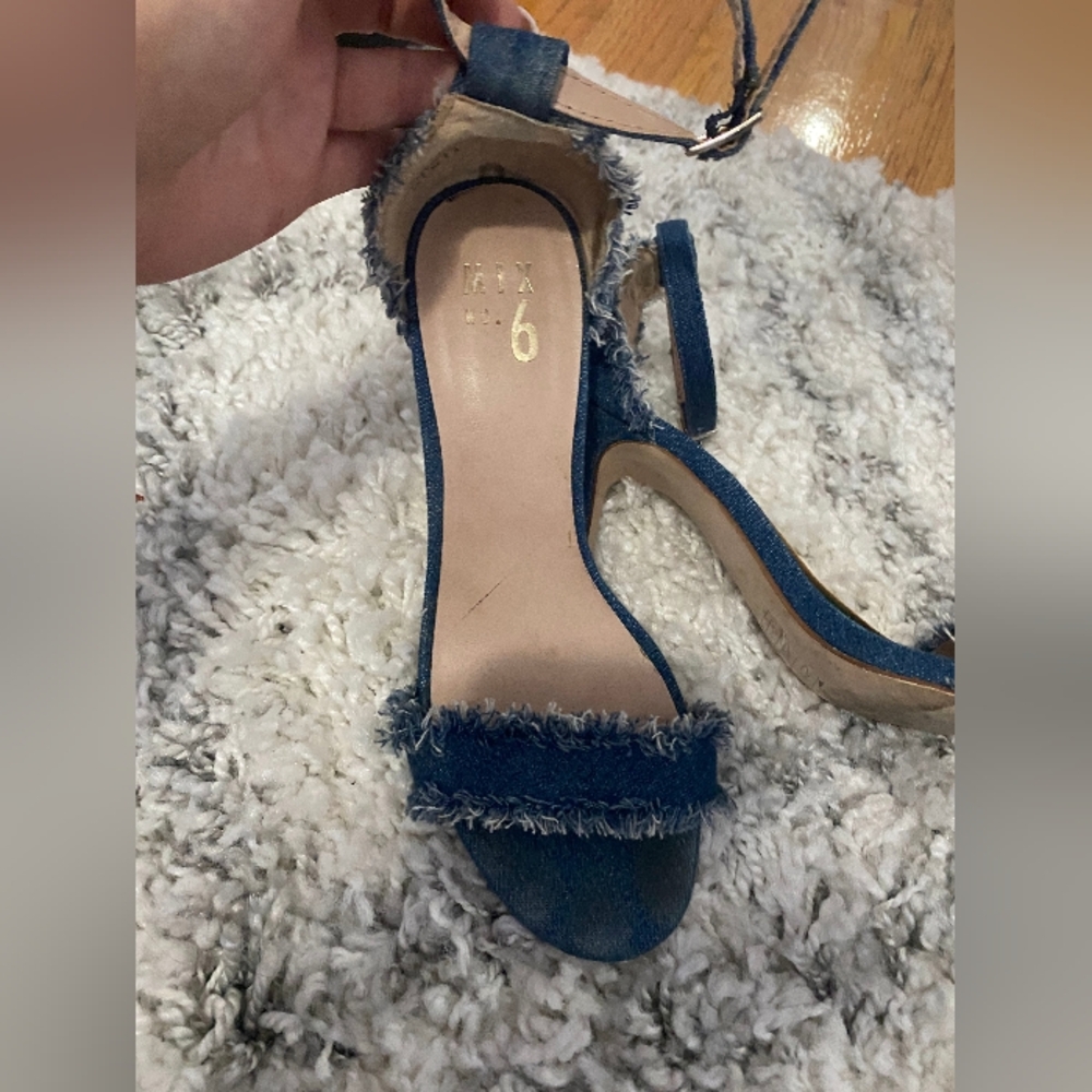 Elegant Blue Denim Heels with Frayed Strap